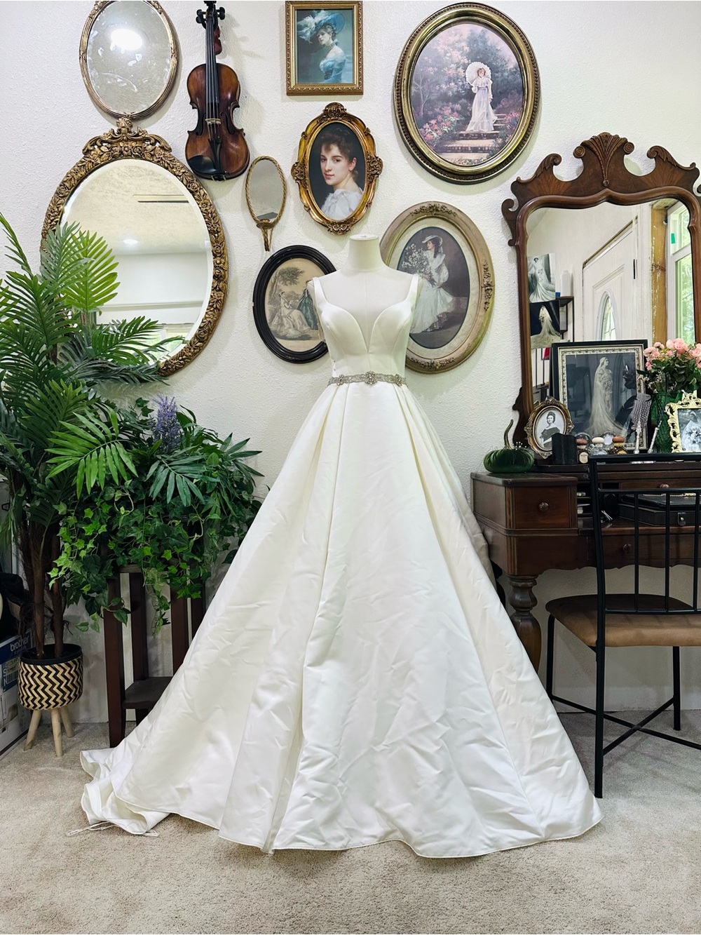 Sottero and Midgley Ivory Satin Ball Gown Wedding Dress with Beaded Waist